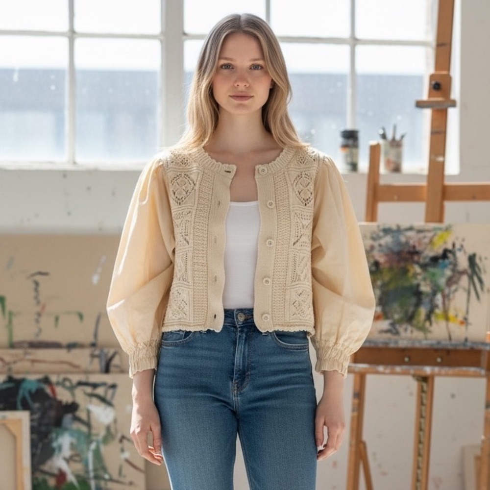 Amable by Mable Cream Pointelle Knit Puff Sleeve Cropped Cardigan MST7510 Small